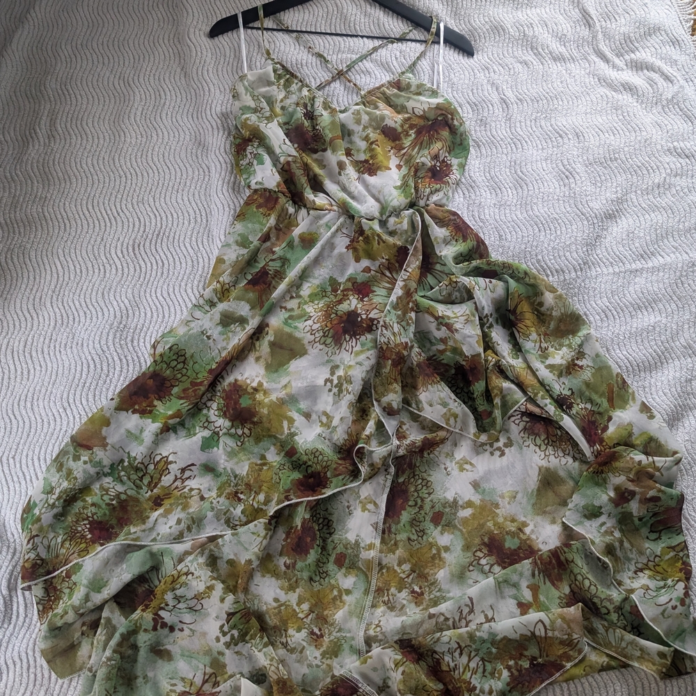 Snap Asymmetrical Dress with Green and Brown Floral Pattern